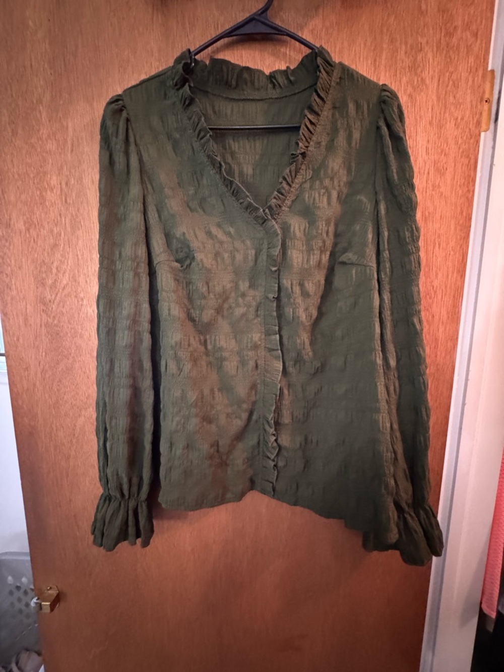 SHEIN Olive Green Ruffle V-Neck Blouse